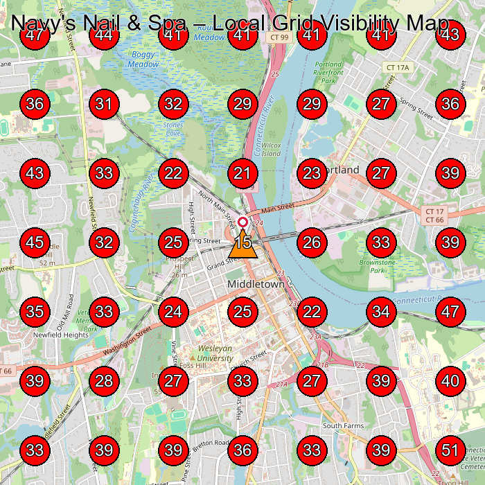 Navy's Nail & Spa GeoGrid visibility map for Clothing Store in Middletown
